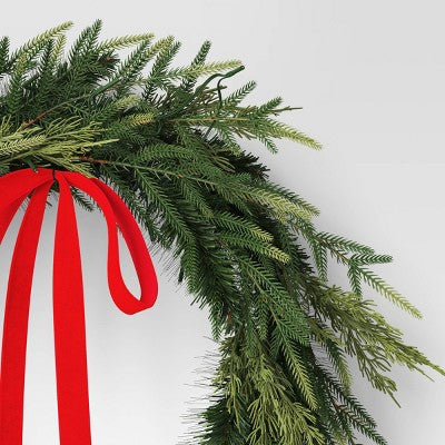  28" Christmas Led Mixed Norfolk And Cedar Wreath With Red Velvet Bow - Wondershop™