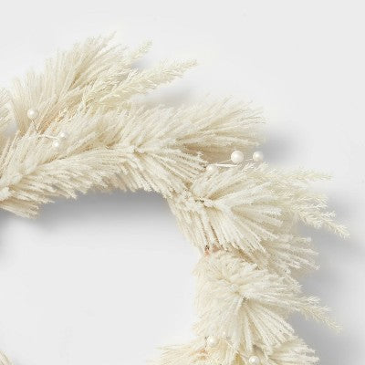  22" Flocked Faux Pampas Grass Hard Needle Artificial Christmas Wreath With Pearl Berries Ivory - Wondershop™