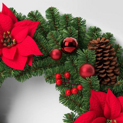  24" Decorated Pine And Poinsettia Flower Artificial Christmas Wreath - Wondershop™