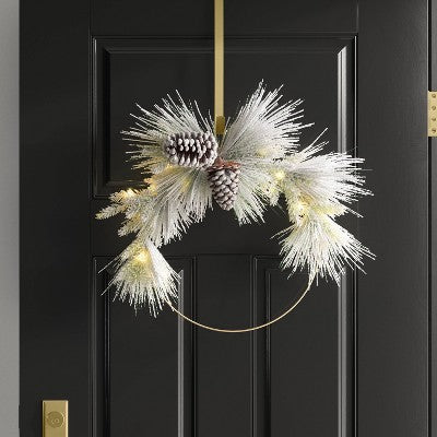  22" Pre-lit Flocked Mixed Pine With Glittered Pinecones Gold Hoop Artificial Christmas Wreath Warm White Lights - Wondershop™