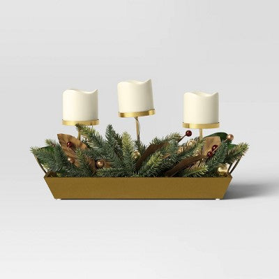  Battery Operated Flameless Pillar Candle And Candle Holder In Gold Tray With Faux Christmas Greenery - Wondershop™