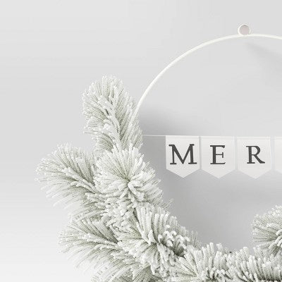  20" Battery Operated Lit Flocked Mixed Greenery On 'Merry' Metal Hoop Artificial Christmas Wreath White - Wondershop™