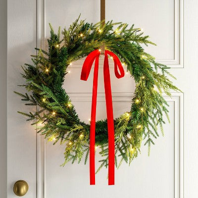  28" Christmas Led Mixed Norfolk And Cedar Wreath With Red Velvet Bow - Wondershop™