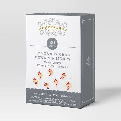  20ct LED Battery Operated Christmas Candy Cane Dew Drop Lights Warm White With Silver Wire - Wondershop™