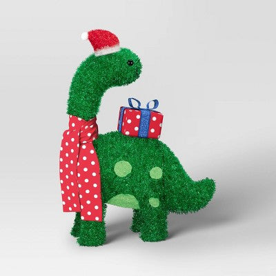  27.5" Incandescent Green Tinsel Dinosaur With Gift Christmas Novelty Sculpture Light Clear - Wondershop™