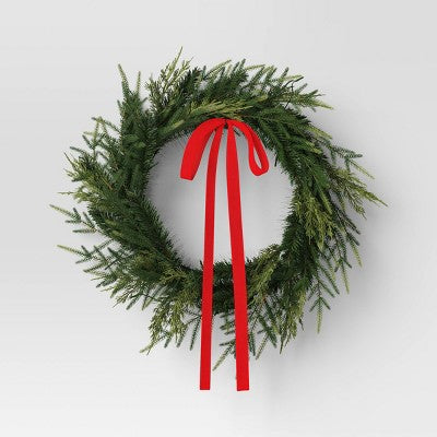  28" Christmas Led Mixed Norfolk And Cedar Wreath With Red Velvet Bow - Wondershop™