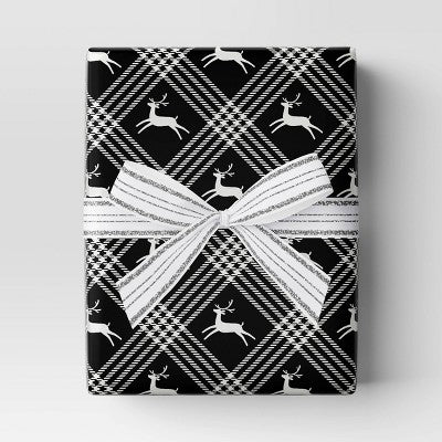  40" 125 Sq Ft Christmas Roll Wrap Deer And Plaid On Black Gift - Wondershop™