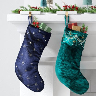 21" Christmas Gold Starburst Velvet Stocking Navy - Wondershop™