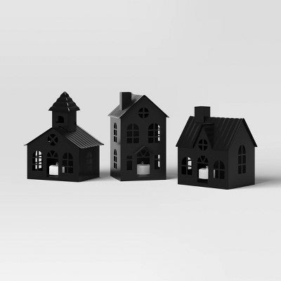  3pc Lit Metal House Decorative Christmas Figurine Set - Wondershop™ Black: Tabletop Indoor Decor, Battery-Powered