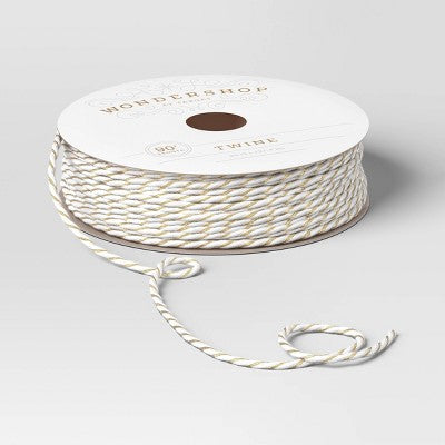  90' Christmas Fabric Ribbon Gold/White Striped Twine - Wondershop™