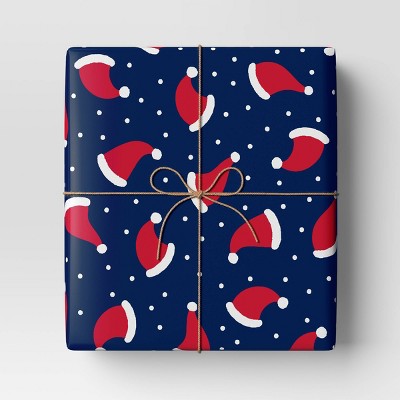  30" 50 Sq Ft Christmas Roll Wrap Santa Hats On Navy - Wondershop™