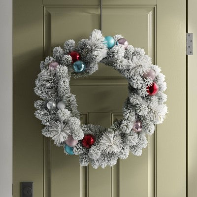  24" Flocked Pine With Ornaments Artificial Christmas Wreath Green/Brights - Wondershop™