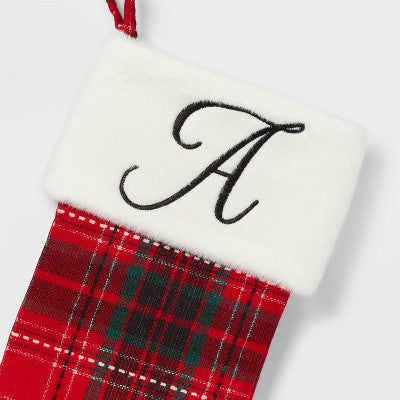  20" Plaid Monogram Christmas Holiday Stocking With Faux Fur Cuff Red/Green/White - Wondershop™