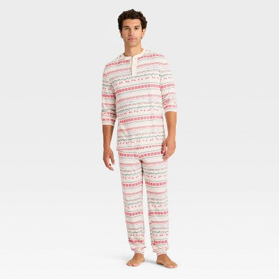  Men's "Let It Snow" Fair Isle Cozy Knit Long Sleeve Henley Holiday Matching Family Pajama Shirt - Wondershop™ Cream