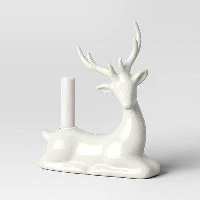  8.25" Taper Crackled Ceramic Deer Christmas Candle Holder White - Wondershop™