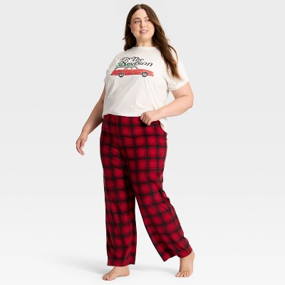  Women's Plaid Microfleece Holiday Matching Family Pajama Pants - Wondershop™ Red/Black