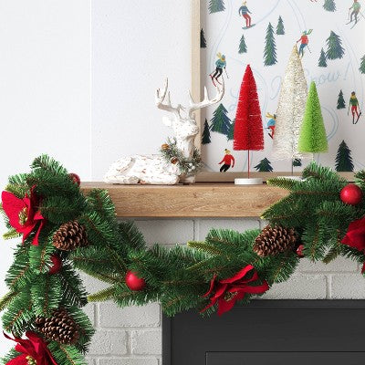  6' Mixed Greenery With Poinsettia Flowers Decorated Artificial Christmas Garland - Wondershop™
