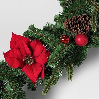  6' Mixed Greenery With Poinsettia Flowers Decorated Artificial Christmas Garland - Wondershop™