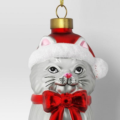  Christmas Glass Cat Santa Hat Ornament - Wondershop™