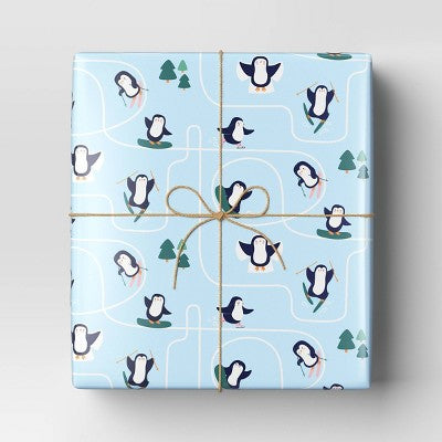  40" 125 Sq Ft Christmas Roll Wrap Playful Penguins On Blue  - Wondershop™