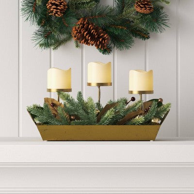  Battery Operated Flameless Pillar Candle And Candle Holder In Gold Tray With Faux Christmas Greenery - Wondershop™