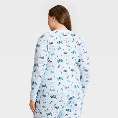  Women's "Tis The Ski-son!" Cozy Knit Long Sleeve Henley Holiday Matching Family Pajama Shirt - Wondershop™ Blue