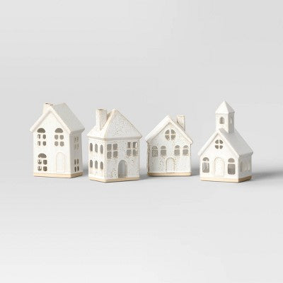  10pc Battery Operated Ceramic Christmas Village Set With Bottle Brush Trees - Wondershop™ White/Tan
