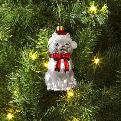  Christmas Glass Cat Santa Hat Ornament - Wondershop™