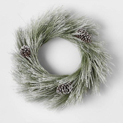  28" Pre-lit Battery Operated LED Flocked Long Needle Artificial Christmas Wreath Warm White Lights - Wondershop™