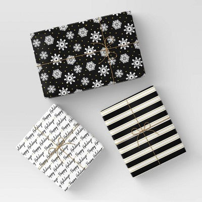  30” 3pk 180 Sq Ft Christmas Wrap Pack Stripes/Happy Holidays/Snowflakes - Wondershop™