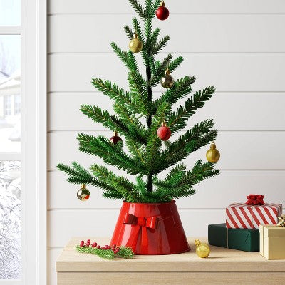  7" Christmas Metal Mini Tree Collar With Bow Red - Wondershop™