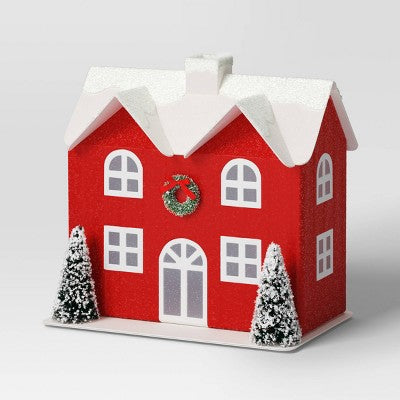  12pc Battery Operated Glittered Paper Christmas Village Set With Bottle Brush Trees And Snowmen - Wondershop™ White/Pink/Blue