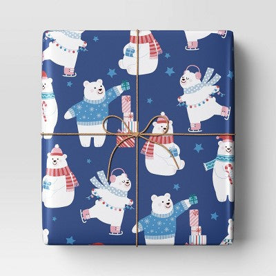  30" 50 Sq Ft Christmas Roll Wrap Polar Bears On Blue - Wondershop™