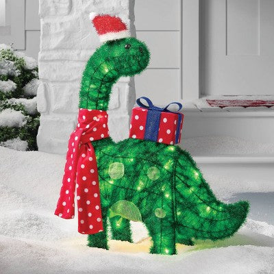  27.5" Incandescent Green Tinsel Dinosaur With Gift Christmas Novelty Sculpture Light Clear - Wondershop™