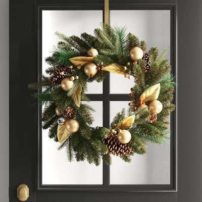  28" Mixed Greenery With Berries And Ornaments Artificial Christmas Wreath Green/Gold - Wondershop™
