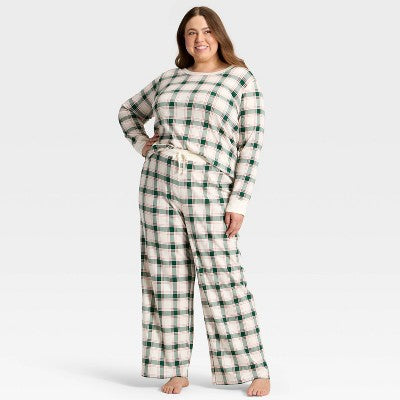  Women's Plaid Ribbed Long Sleeve Holiday Matching Family Pajama Shirt - Wondershop™ Cream