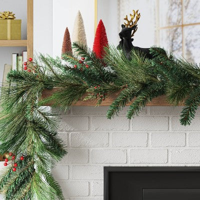 6' Long Needle Mixed Greenery With Red Berries Artificial Christmas Garland Green - Wondershop™