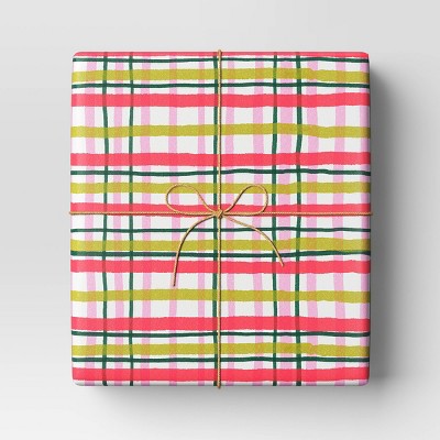  30” 20 Sq Ft Christmas Roll Wrap Pink/Green Plaid - Wondershop™