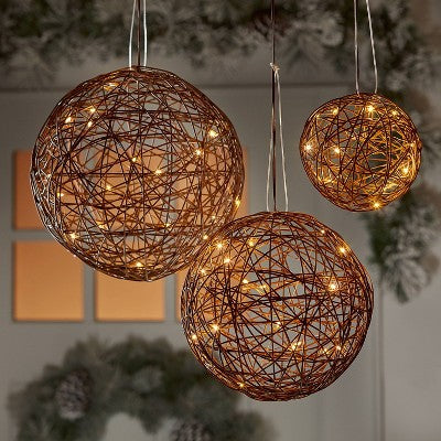  Battery Operated Brown Faux Rattan Sphere Fairy String Lights Warm White With Brown Wire - Wondershop™ 
