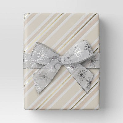  30” 25 Sq Ft Christmas Roll Wrap Blush/White/Gold Diagonal Stripes - Wondershop™