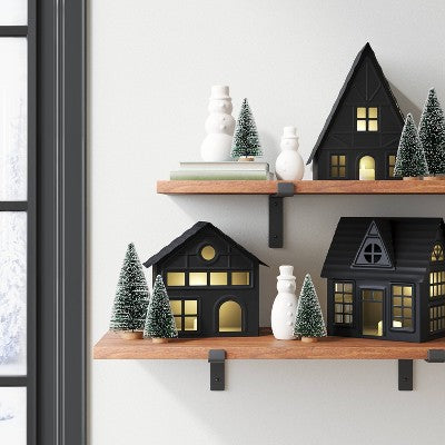  12pc Battery Operated Lit Metal House With Bottle Brush Trees And Snowmen Christmas Village Set - Wondershop™ Black
