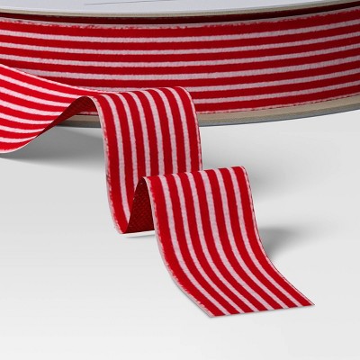  18' Christmas Fabric Ribbon Velvet Red/White Stripes - Wondershop™