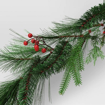  6' Long Needle Mixed Greenery With Red Berries Artificial Christmas Garland Green - Wondershop™