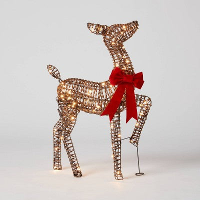  LED Faux Rattan Fawn With Red Bow Christmas Novelty Sculpture Light - Wondershop™