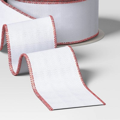  30' Christmas Fabric Ribbon White With Red Edge - Wondershop™