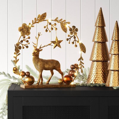  15" Battery Operated Lit Deer And Foliage Christmas Decorative Sculpture - Wondershop™ Gold