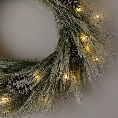  28" Pre-lit Battery Operated LED Flocked Long Needle Artificial Christmas Wreath Warm White Lights - Wondershop™