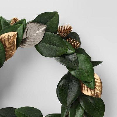  20" Magnolia Leaf With Pinecones Artificial Christmas Wreath Green/Gold - Wondershop™