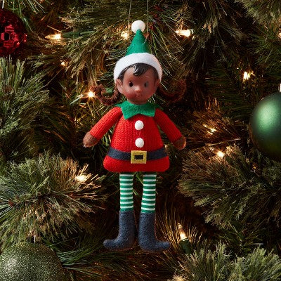  Fabric Elf Child With Braids And Green Hat Christmas Tree Ornament - Wondershop™: Indoor Use, No Battery Required