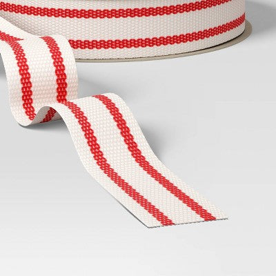  18’ Christmas Fabric Ribbon Ivory/Red Stripes - Wondershop™